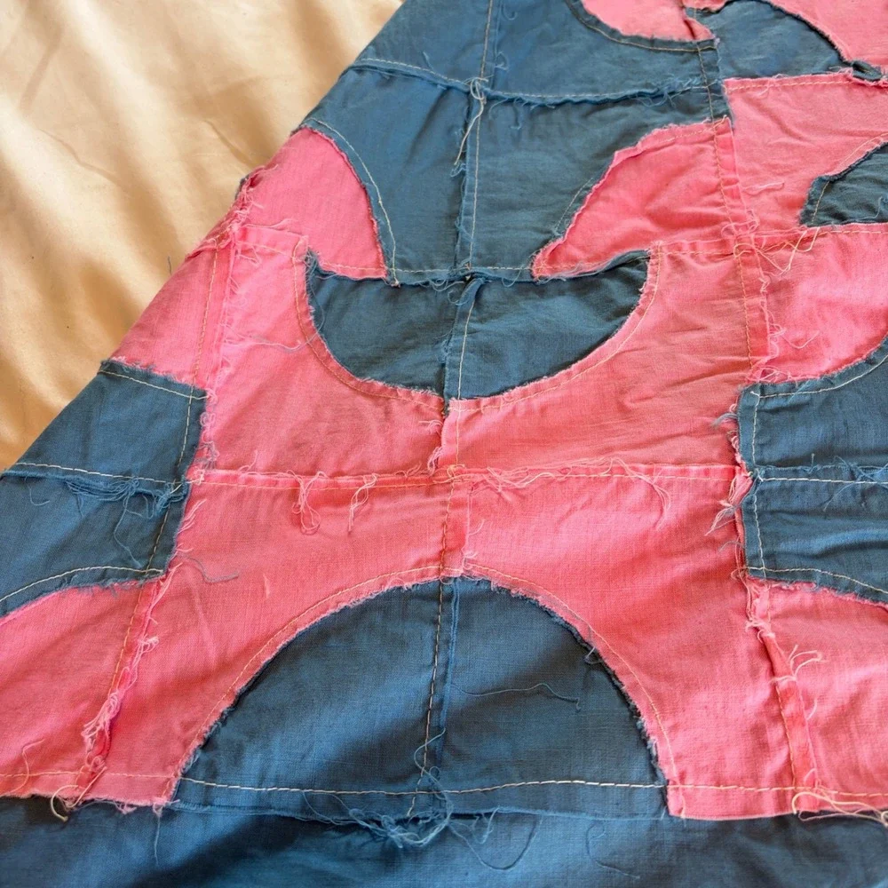 Vintage 1941 Dunkard's Path Pink Blue Handmade Quilt Top 72x80 farmhouse cottage